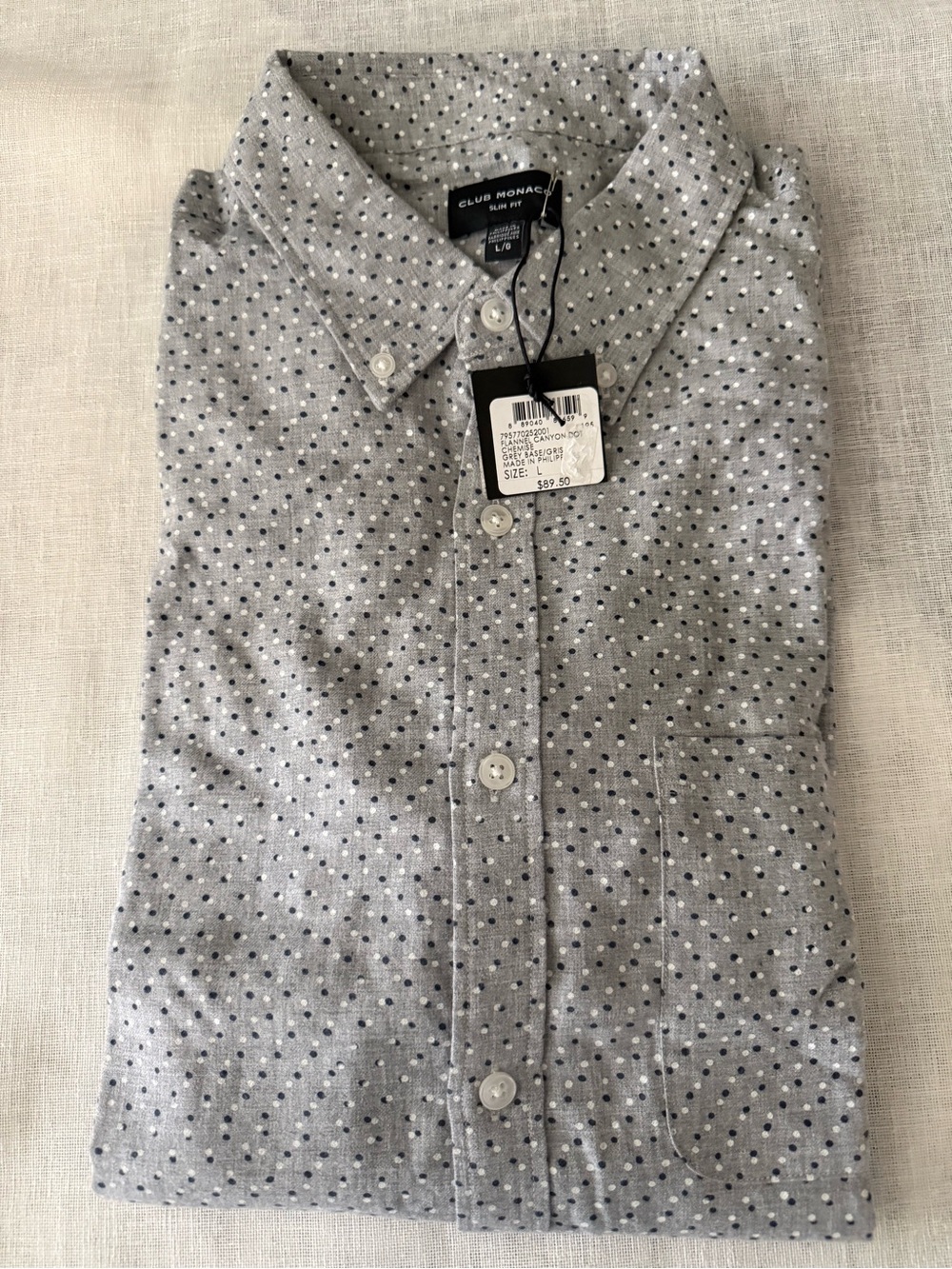 Club Monaco Gray Button-Down Shirt with Navy Dot Pattern